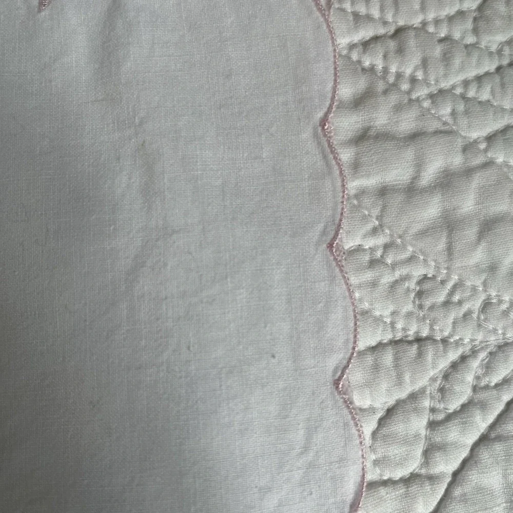 Vintage Hand Embroidered Cotton One Pillowcase Pink Flowers‎ Floral Ring Scroll